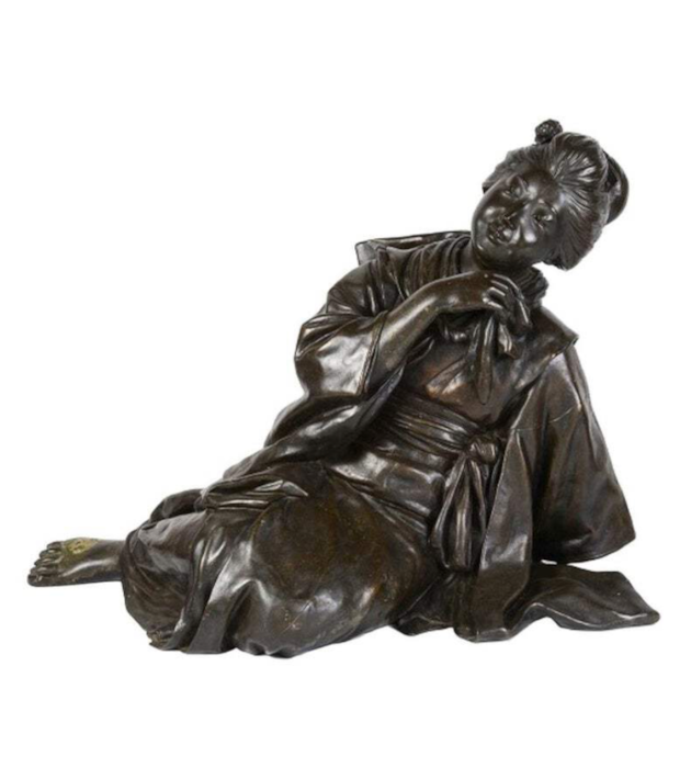 Large 19th Century Japanese Bronze Reclining Geisha Girl